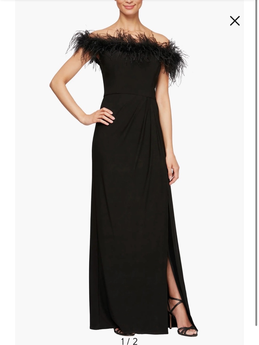 Alex Evenings Black Strapless Feather-Trim Evening Gown